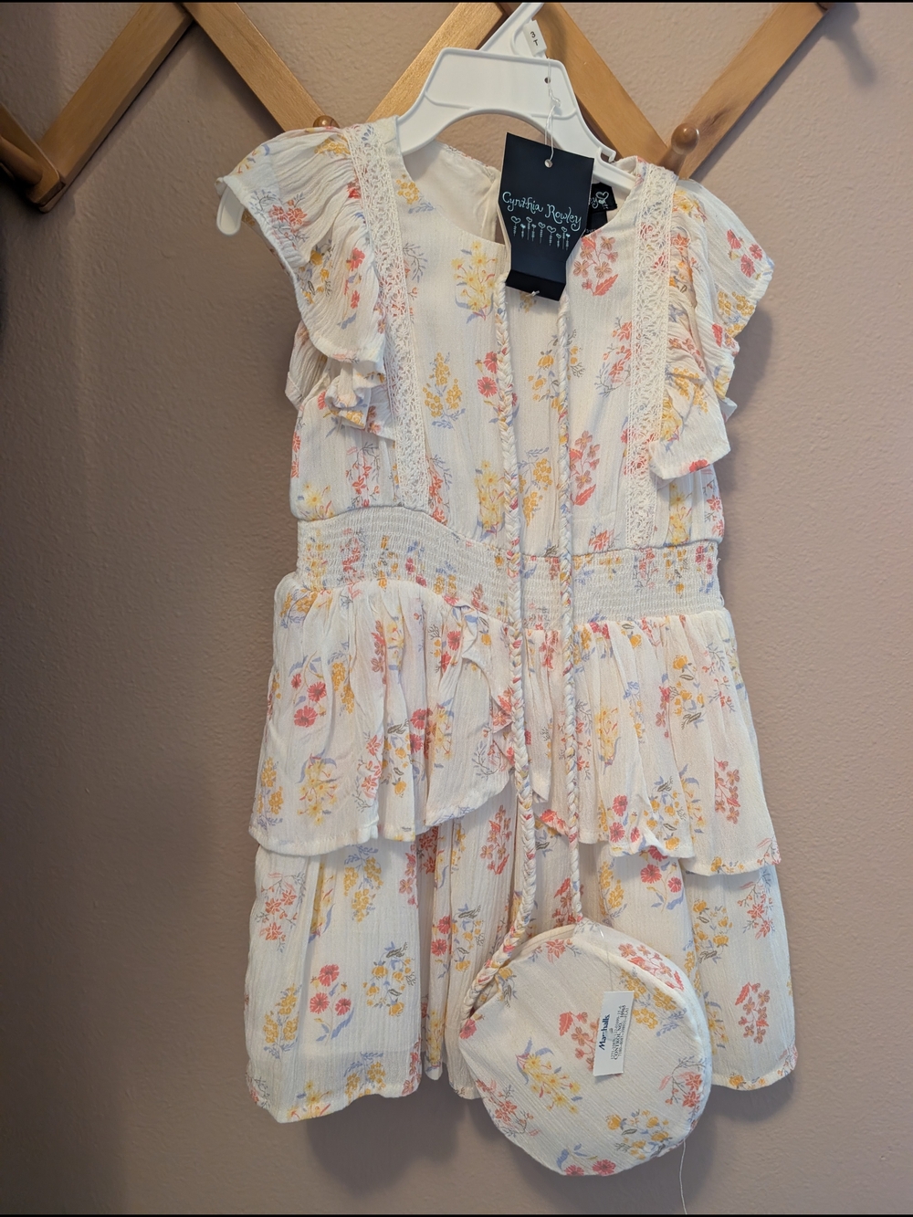 NWT Cynthia Rowley 3T White Floral Ruffle Dress with Matching Purse